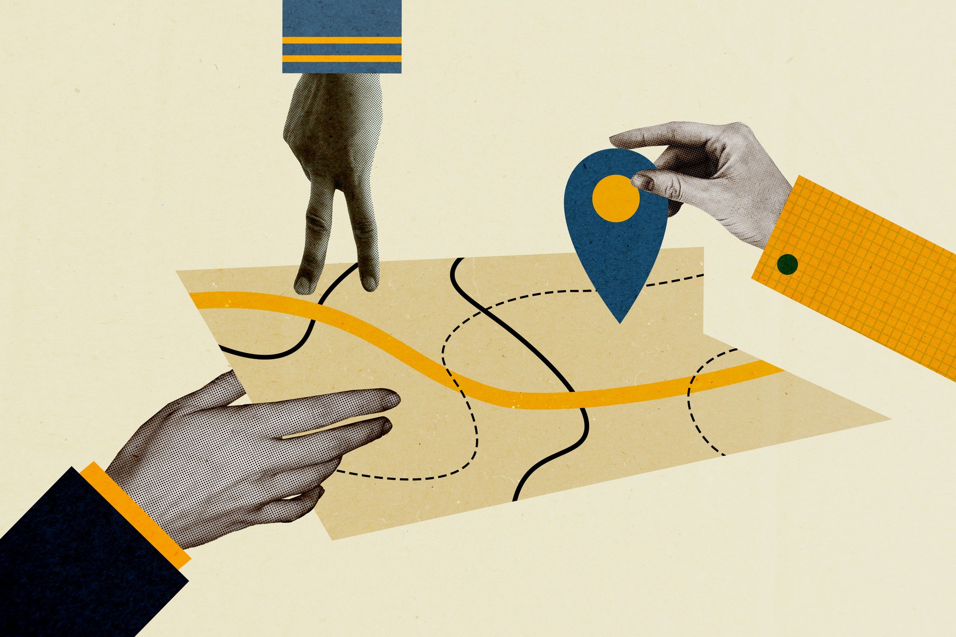 Creative conceptual picture collage of human fingers planning map route trip navigation in unknown country isolated on beige background